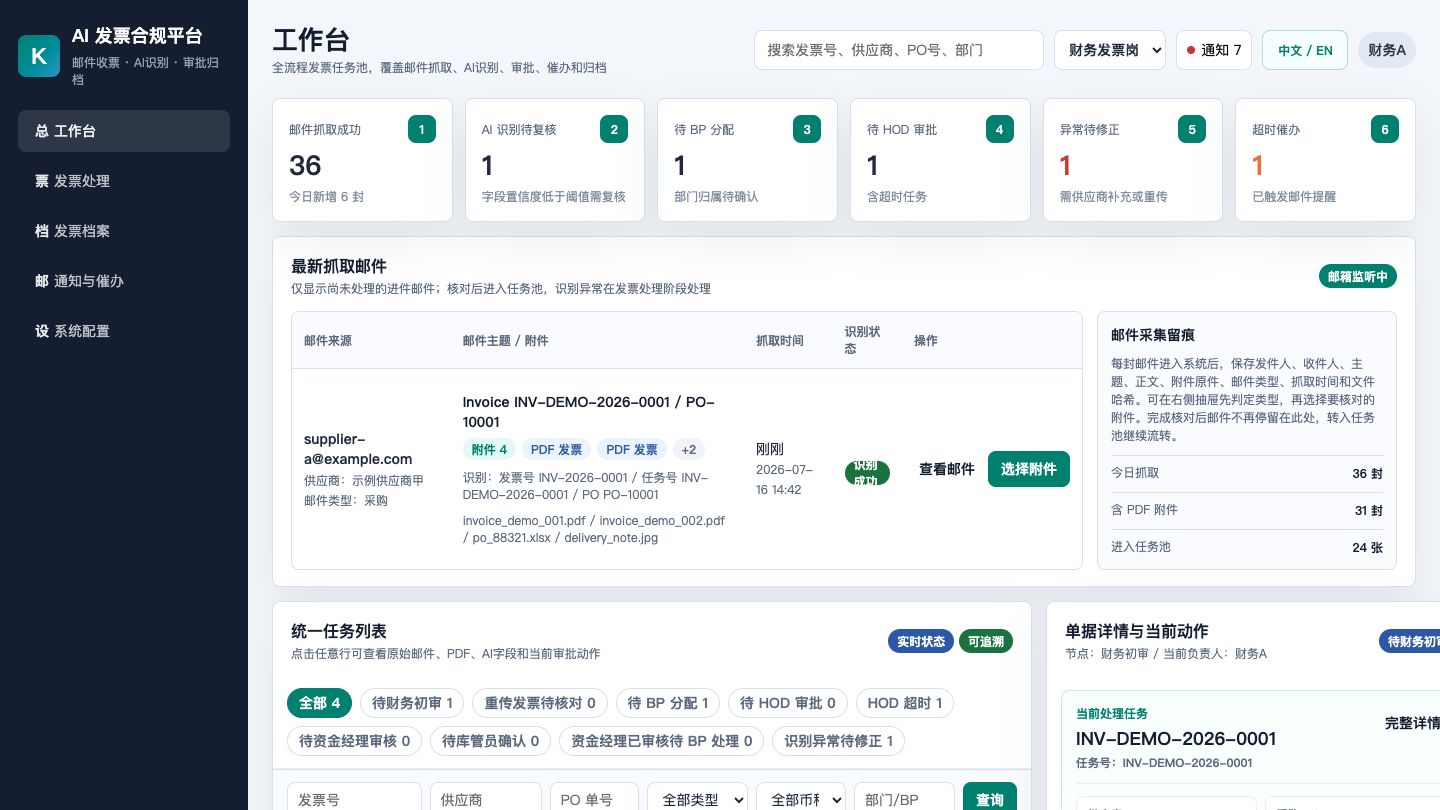 AI 发票合规与审批归档平台系统首页